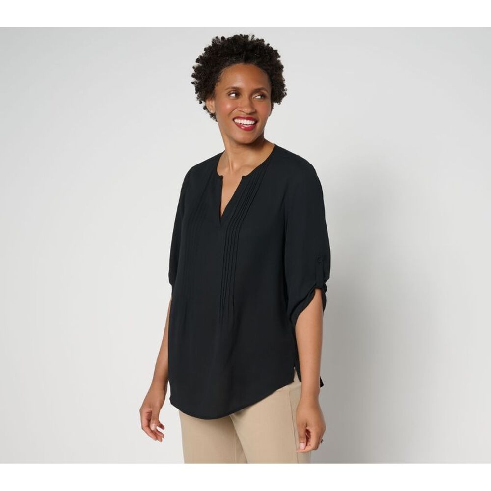 Joan Rivers Black Pintuck Split-Neck Blouse